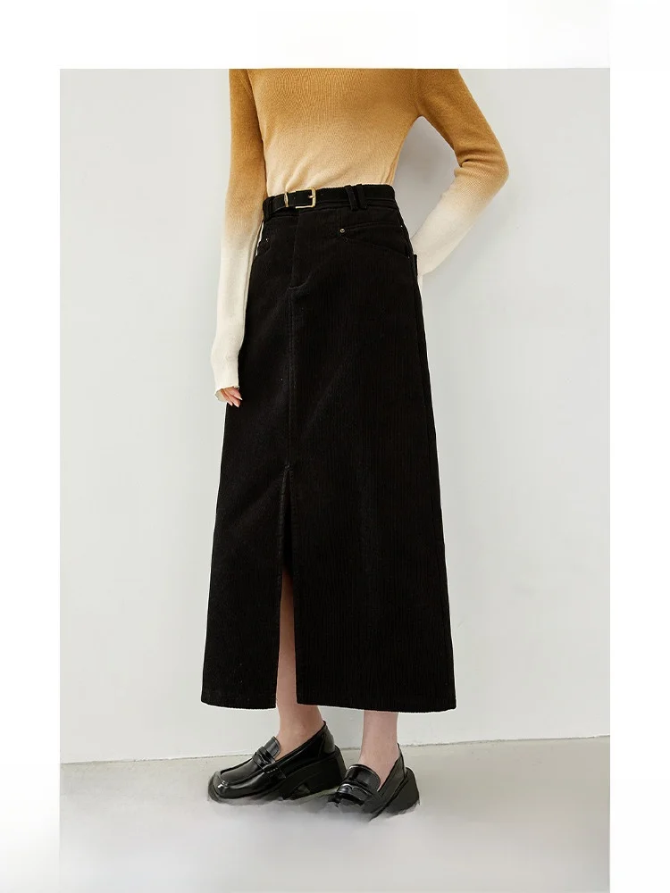 

Женская вельветовая юбка А-силуэта средней длины с разрезом, осенне-зимняя новинка, облегающая, универсальная, из полиэстера, прямого кроя