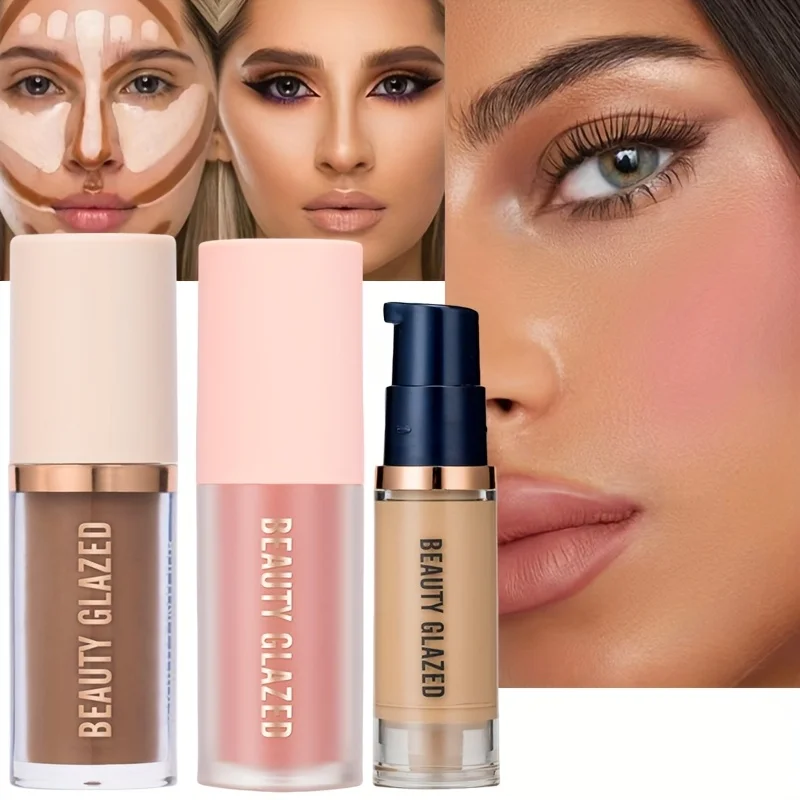3pcs/Set Long-lasting Waterproof Facial Makeup Set,Blush+Contouring+Foundation,Fine Texture,Cover Blemishes,Enhance Contours