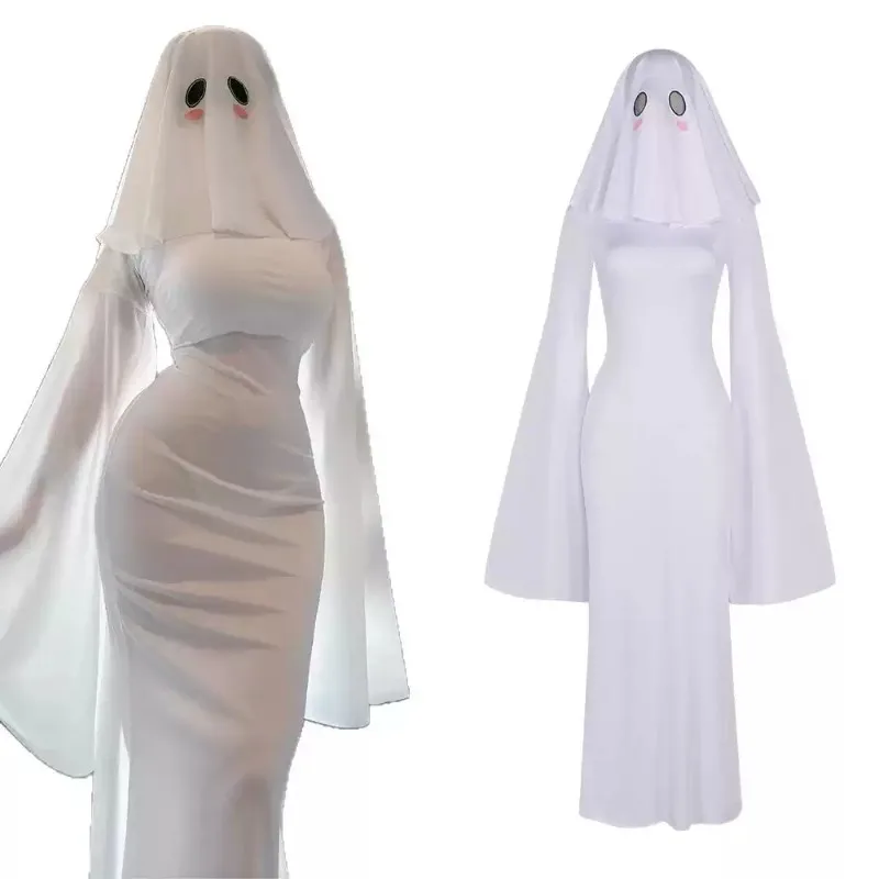 Vintage Women Ghost Halloween Outfit White Flare Sleeve Bodycon Long Dress with Veil Headcover Cosplay Party Fancy Dress
