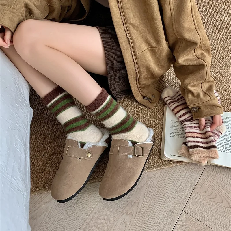 Girls' Autumn Winter Warm Plush Socks Mink Velvet Vintage Candy Color Matching Striped Comfortable Thick Mid-tube INS Sock Kawai