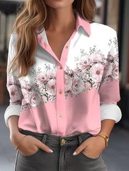 Blusa de manga comprida floral estampada para mulheres, rosa, verde claro, camisa elegante, roupas femininas, moda festa