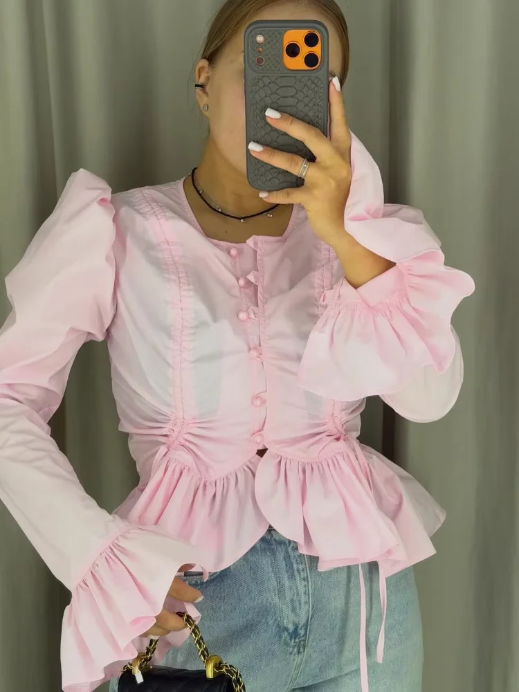 

Женские однотонные плиссированные рубашки с рукавами-фонариками, на одной пуговице, с рюшами, асимметричным подолом и укороченные блузки на шнурке, универсальные топы 2026