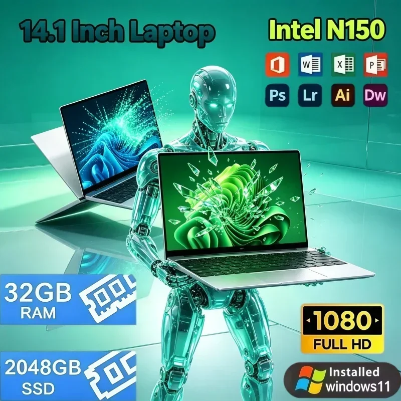 14.1 Inch Ultra‑Slim Laptop Intel N150 32GB RAM 2TB SSD Windows11 Built‑in Office Business Travel Casual Gaming Student Notebook