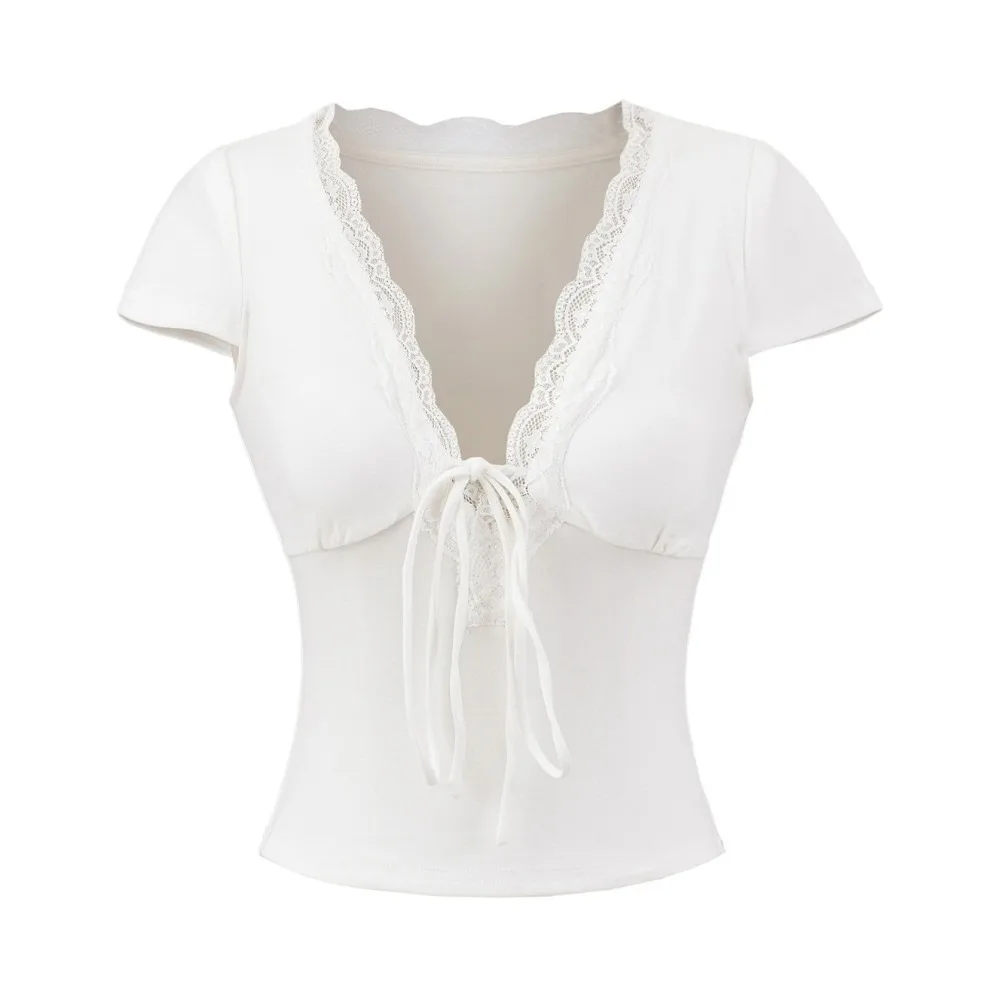 

Chic V Neck Slim Crop Tops Short Sleeve Lace Bottoming T-shirt Elastic Sweet Camisole Streetwear