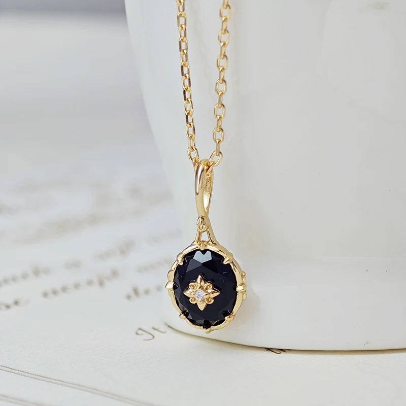 LAMOON Vintage Natural Agate Necklace For Women Gemstone Pendant 925 Sterling Silver Gold Plated Fine Jewelry Elegant Bijou