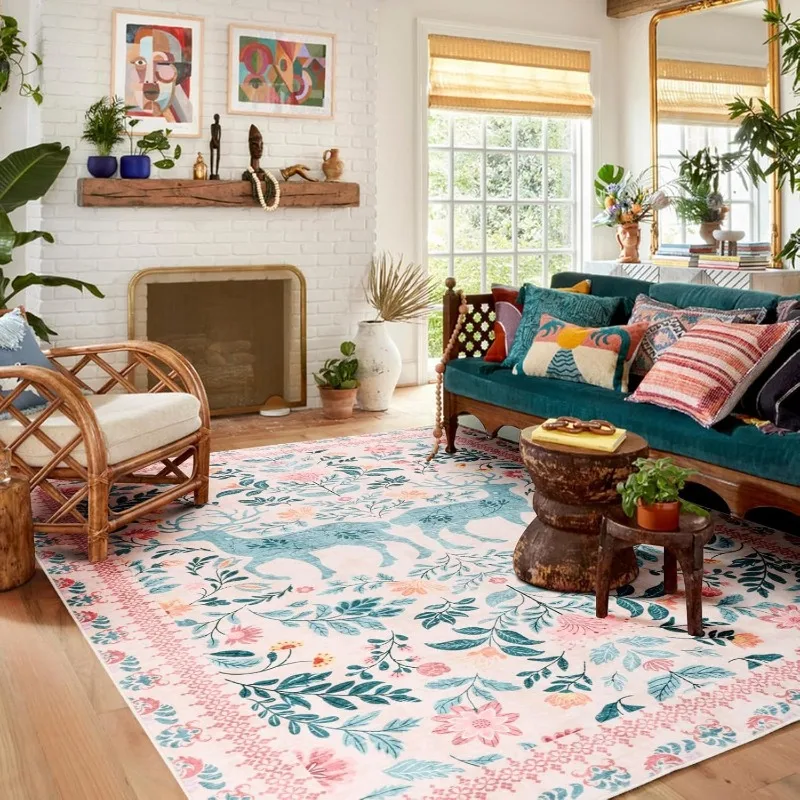 

Deer Floral Area Carpet for Living Room Machine Washable Pink Flowers Bedroom Rug Animal Print Sofa Coffee Table Floor Mat Tapis