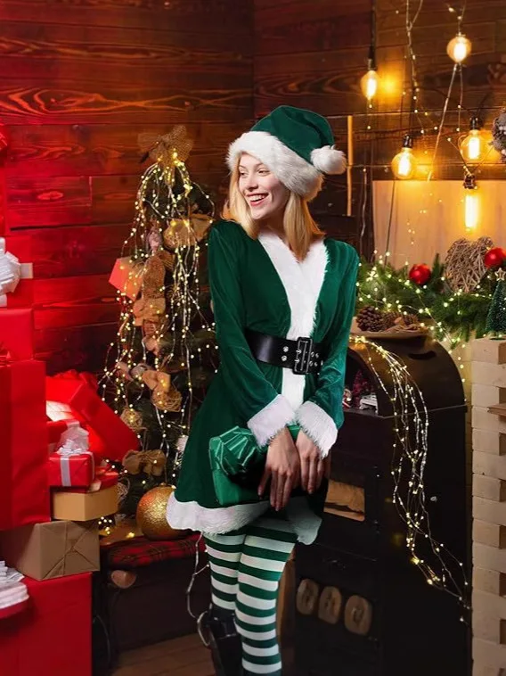عيد الميلاد سانتا كلوز زي المرأة الأخضر قزم تأثيري فتاة كرنفال حفلة السنة الجديدة فستان بتصميم حالم الملابس مجموعة ملابس الوالدين والطفل #5