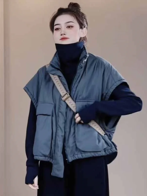 Lose lässige Damen-Baumwollweste, doppelt, groß, mit Stehkragen, Jaet-Oberbekleidung, reine Farbe, Pendeln, chinesische Produktion