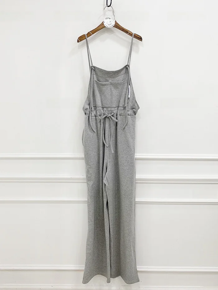 จั๊มพ์สูทขายาวทรงขาบานสไตล์เรโทรสำหรับผู้หญิง เอวผูกเชือก ผ้าฝ้าย ทรงหลวม สไตล์เกาหลี เอวสูง ขายาว