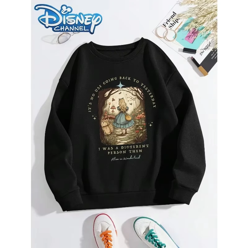 ディズニー 2026 新しいディズニー 不思議の国のアリス ファッション プリント 秋と冬のトレンド レディース コンフォート 長袖 クルーネック トップ