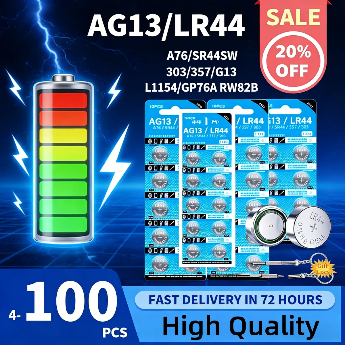 

AG13 LR44 A76 1.55V Alkaline Button Battery (4-100PCS) - 357 357A SR44 for Watch,Calculator,Car Key,Remote,Clock - Bulk Discount