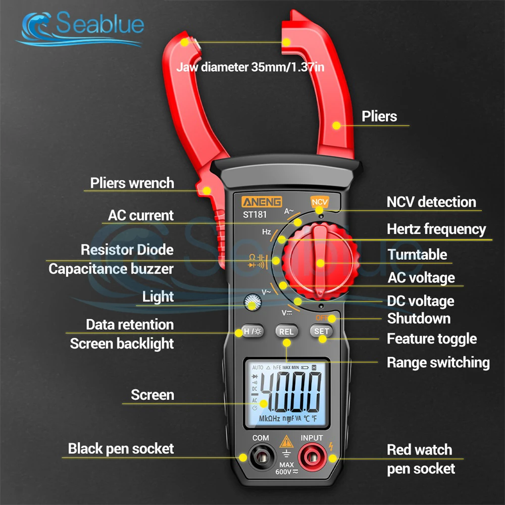 ST181 ST182 ST183 4000/6000 Counts Digital Clamp Meter AC Current Multimeter Ammeter Voltage Tester Amp Hz Capacitance Tool