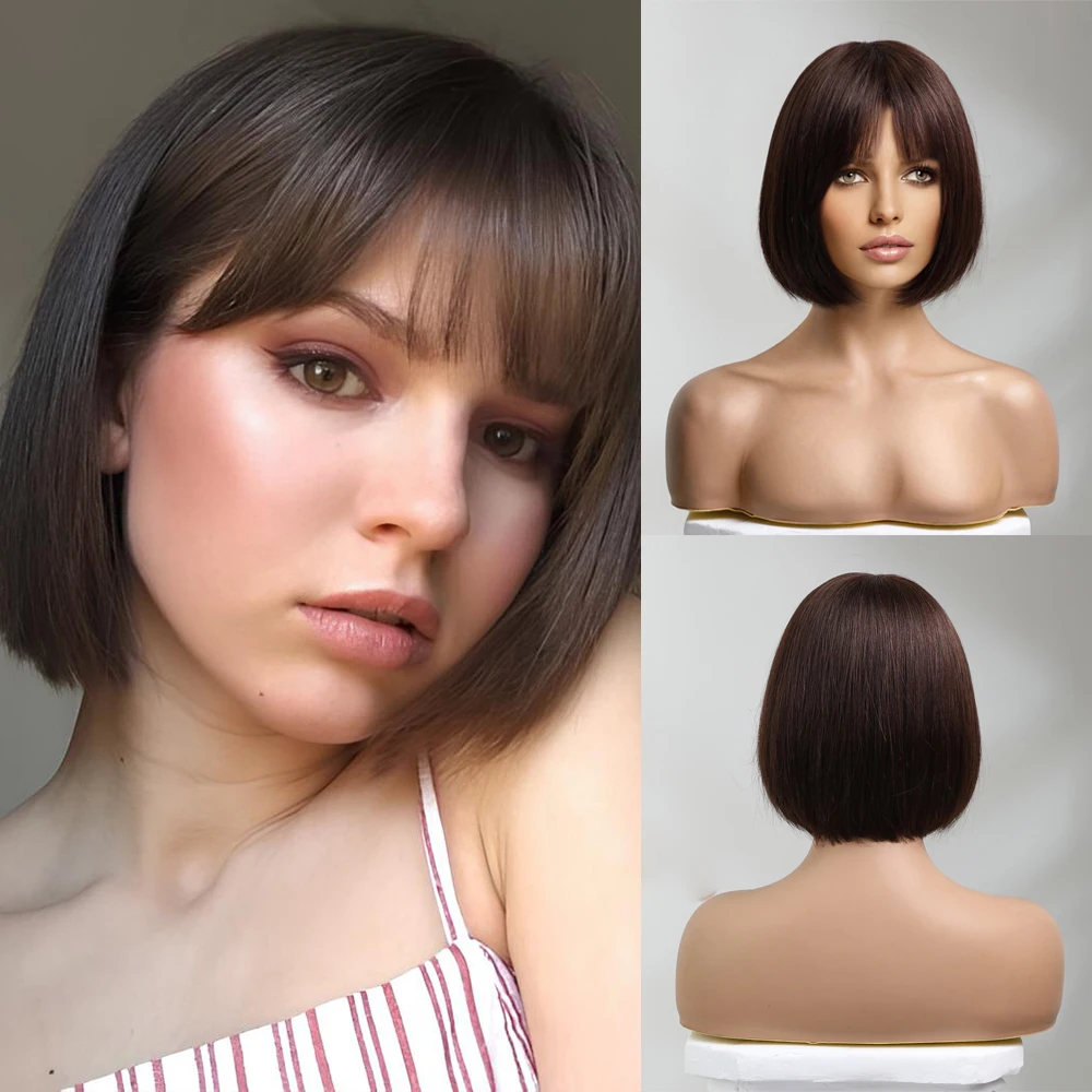 Medium Dark Brown Human Hair Wigs for Black Women With Bangs 14 Inch 100% Remy Human Hair for Daily Use Machine Made Fiber Wigs