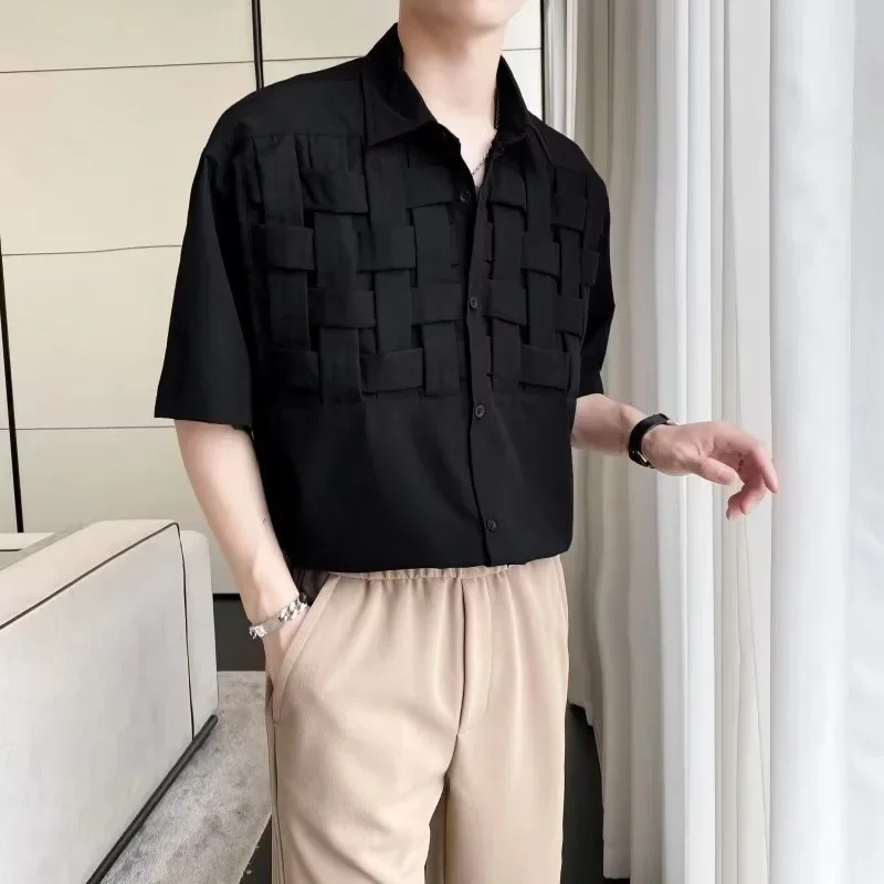 

Summer High Street Knit Short Sleeve Shirts For Men Luxury Social Solid Camisas De Hombre Korean Fashion Y2K Tee Shirt Clothes