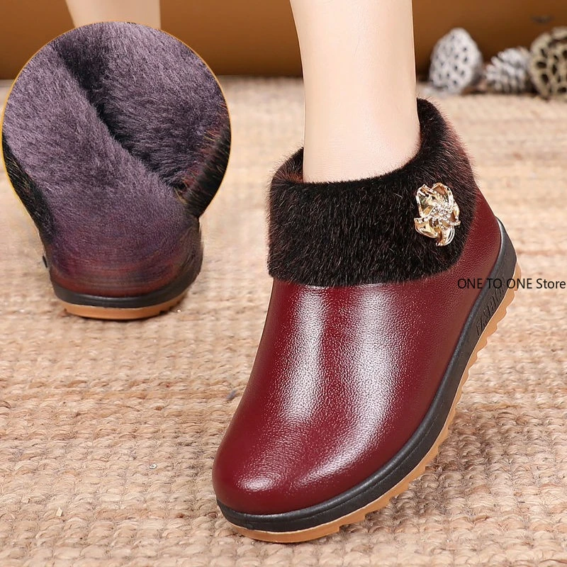 

Pu Leather Winter Boots Fashion Women Ankle Boots Plush Warm with Metal Mother Shoes Non-slip Short Boots Woman Botas De Mujer