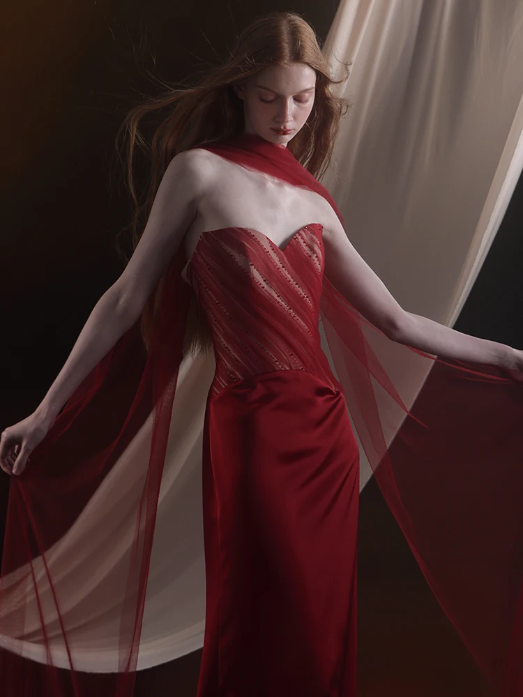 

Ele Fi Tail Wedding Dr for Bride Host Par Banquet High End Toasting Costume Korean Sle Sequin mid Waist Long ...