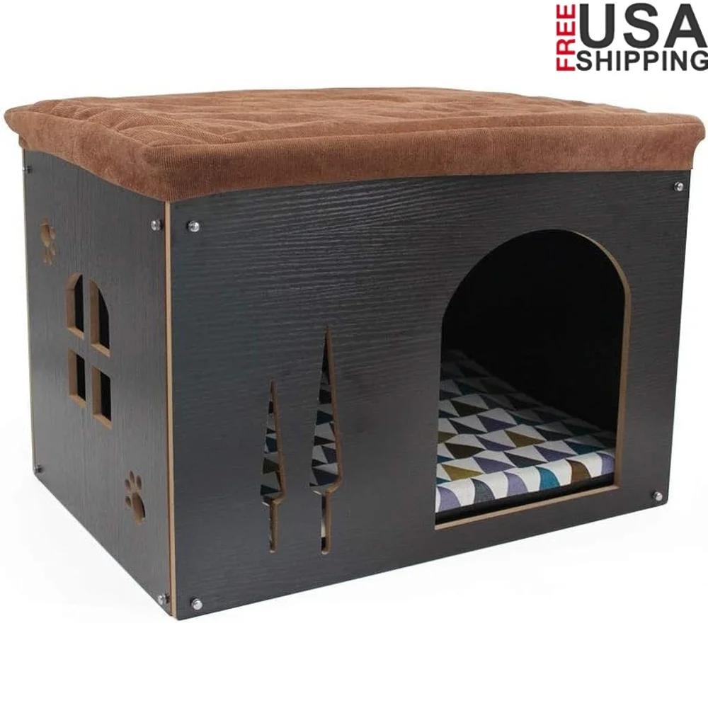 

Multifunctional Wooden Cat House Indoor Pet Condo with Cushion Mat Footrest Ottoman Comfortable Cat Bed Storage Stool