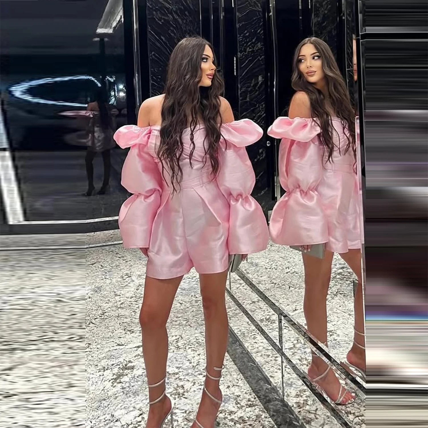 

Розовый комбинезон с открытыми плечами для девочек на вечеринку, атласные вечерние платья выше колена с рюшами и длинными рукавами, торжественное платье для выпускного вечера