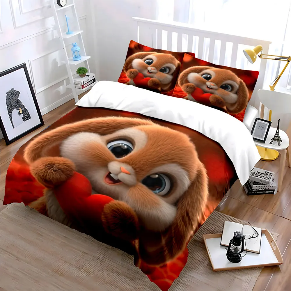 Adorable bunny holding red heart Bedding Set for Kids Luxury Gift 3pcs Digital Print Comforter Set Soft Comfortable Breathable