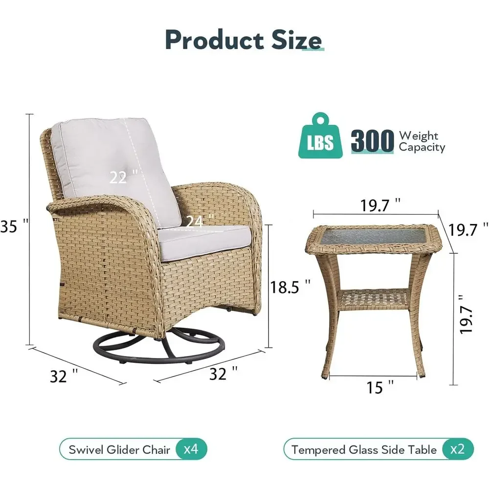 All-Weather 4-Piece Wicker Patio Furniture Set with Swivel Rocker Chairs and Tempered Glass Side Tables, Yellow Wicker Beige Cus