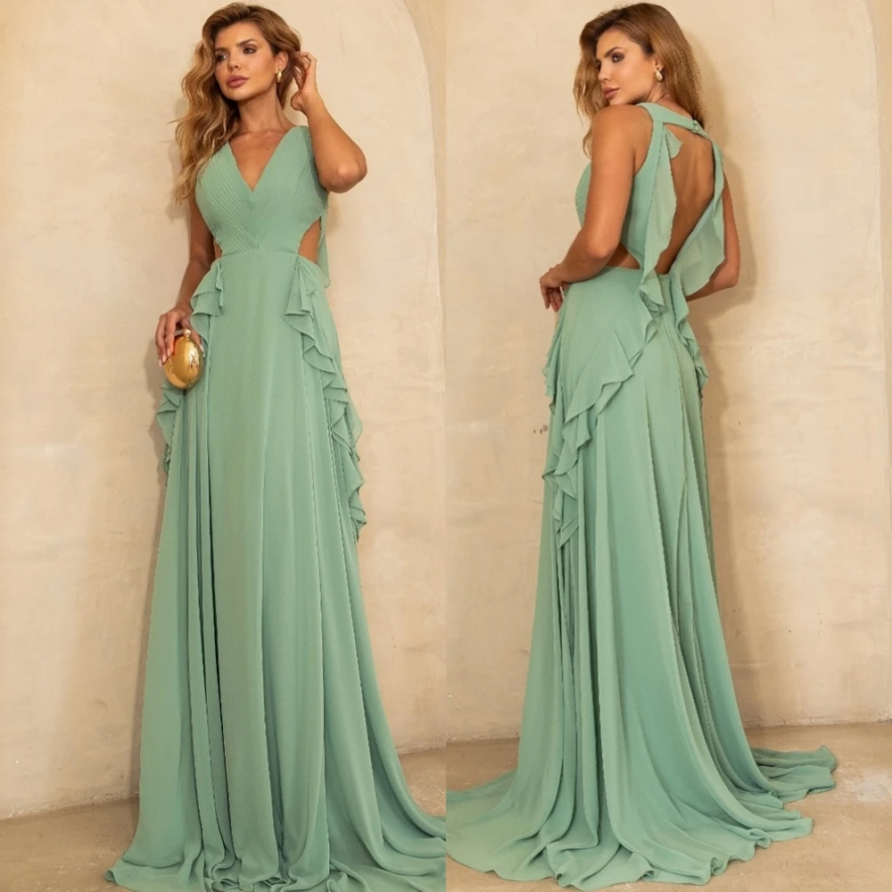 ที่กําหนดเองสง่างามคอวีชีฟองชุดราตรีประณีตแขนกุดพรหมชุดหรูหรา A-Line โอกาสพิเศษชุด