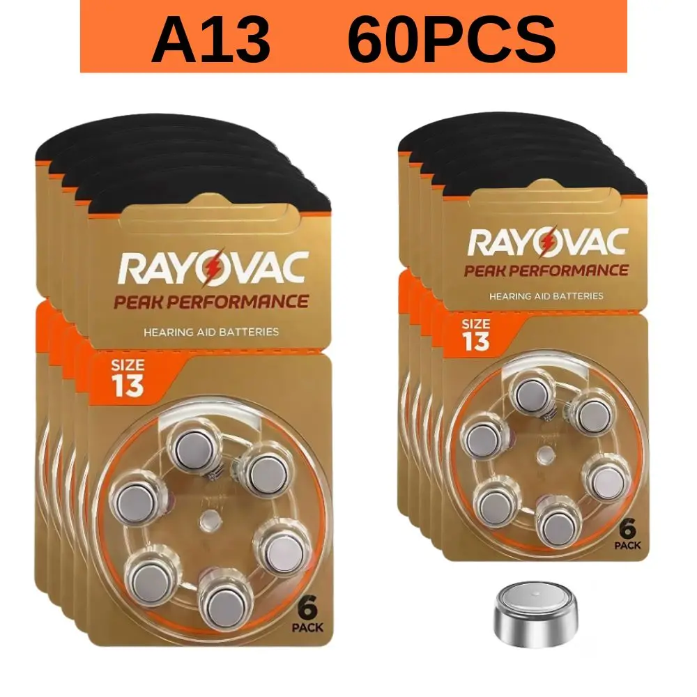 60 pilas Rayovac Peak A13 de zinc-aire para audífonos, 1.45V PR48 P13 13A, 10 tarjetas para audífonos
