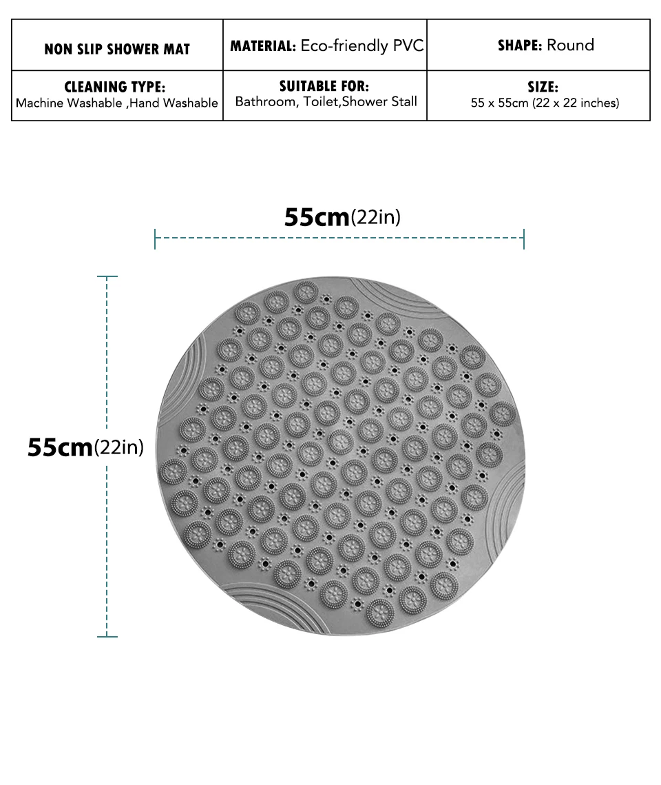 Textured Surface Round Shower Mat, Anti-Slip Bath Mats with Drain Hole, Massage Shower Carpet for Shower Stall, 55x55cm