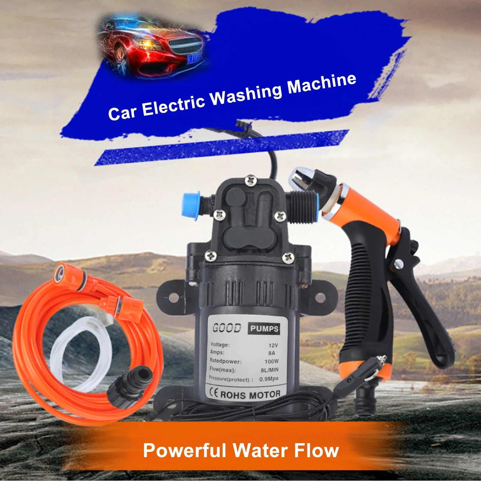 

High Pressure Car Washing Device Machine Tool 12V Electric Pump + Wash Sprayer 2 Modes + Power Cable + Hoses Smart Accessories