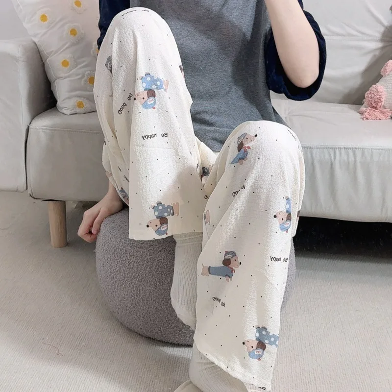 2025 spring new women's white polka dot puppy cute printed imitation cotton pajama pants wide legs casual can wear trousers