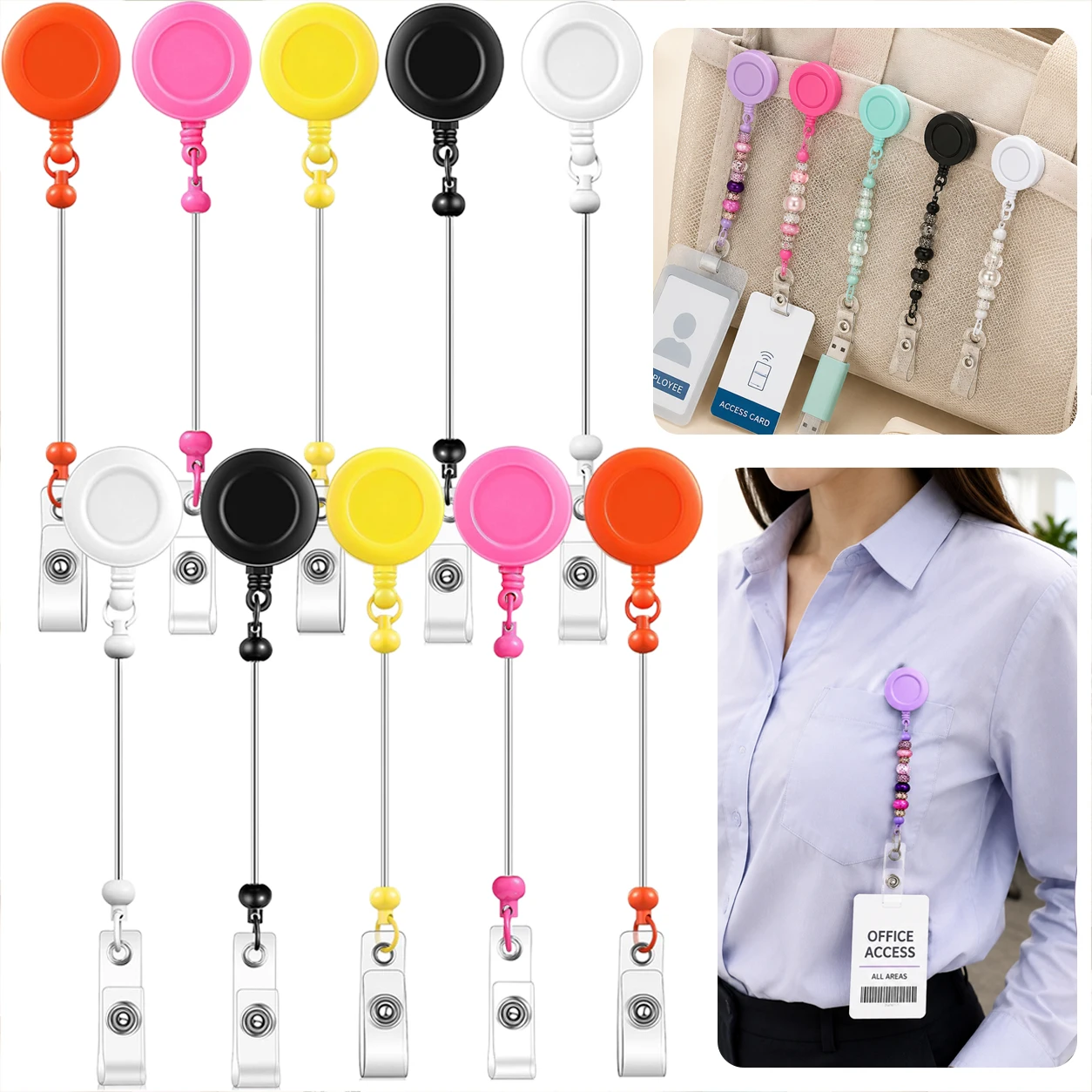 5/15PCS Badge Holders with Beaded Charm – Mix Colors Clip, Cute Work Badge Accessories for Medical Professionals Students TMZ