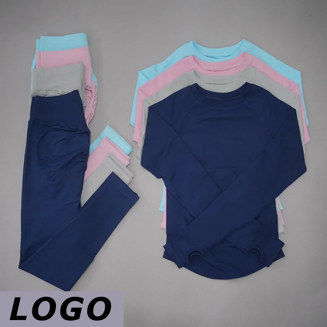 DF LOGOWomen 2‑Piece Seamless Gym Fitness Set Long Sleeve Top High Waist Leggings Slim Fit Breathable Tracksuit Pilates Running