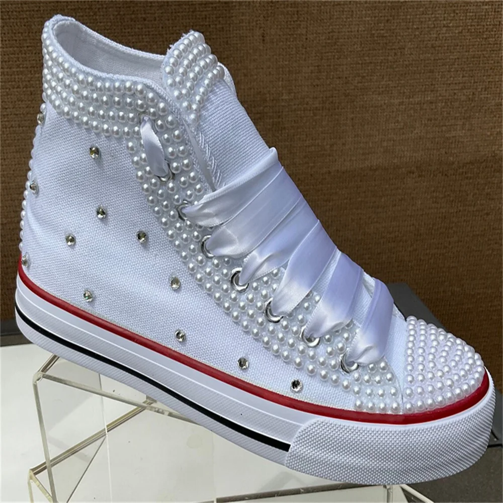 White high top pearl rhinestones ribbon custom style canvas shoes integrated sports casual shoes women\'s shoes 35-44