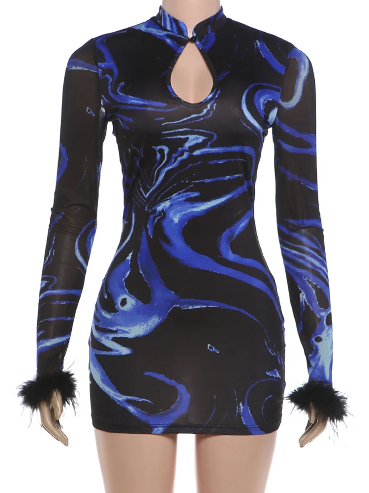Weird Puss Sexy durchsichtiges Kleid für Damen, Stehkragen, hohles Plüsch-Patchwork, volle Ärmel, Midnight Club Party, modisches Mini-Bodycon – Detail 3