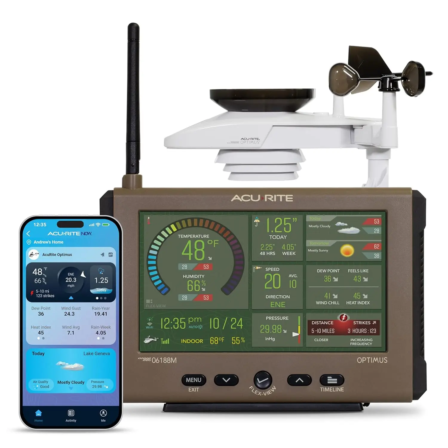 

Метеостанция с Wi-Fi, HD-дисплеем, барометром, детектором молний, измерением температуры и влажности в помещении и на улице, скорости и направления ветра, а также осадков.
