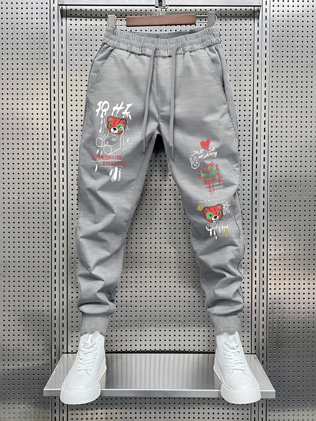 Vibrant graffiti bear with multi street slogan print graphic sweatpants for men hip hop sports street jogger trousers
