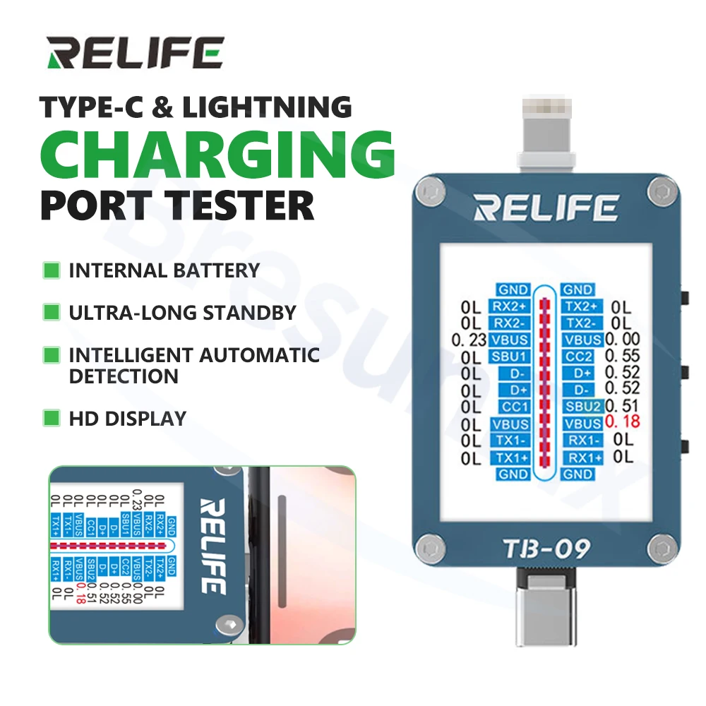 RELIFE TB-09 Type-C & L Intelligent Charging Port Tester for Phone Repair Type-C Lightning Port Fault Detection Tool