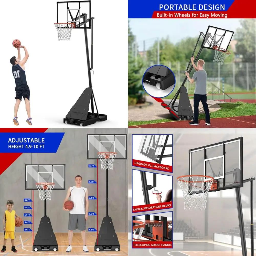 

Adjustable Height Outdoor Basketball Hoop with 44 Backboard, 5.5-10FT Range, Heavy-Duty Base and Wheels for Mobility