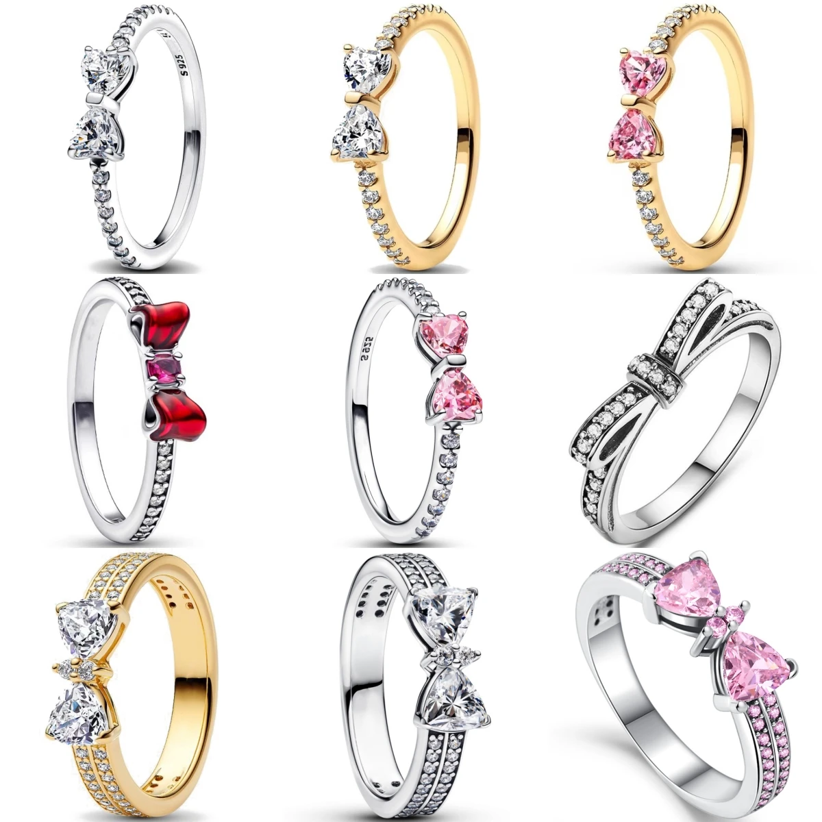 925 Sterling Silver Red Pink White bows Ring For Women Jewelry Open Design Wedding Party Fashion Gift