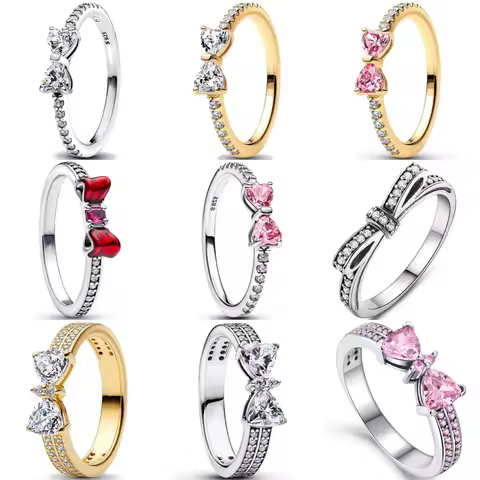 925 Sterling Silver Red Pink White bows Ring For Women Jewelry Open Design Wedding Party Fashion Gift