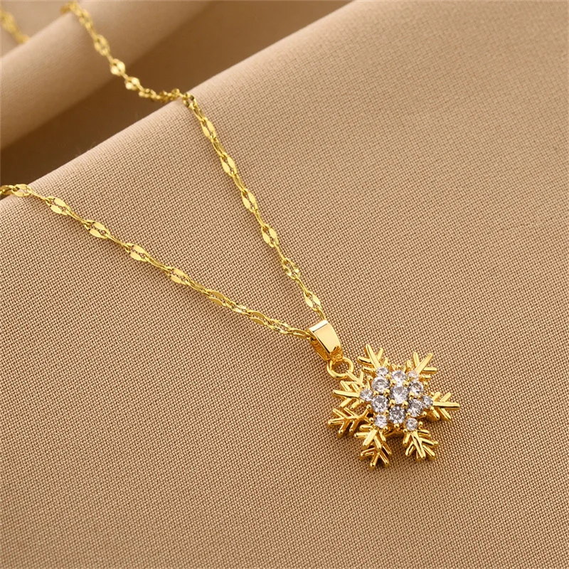 Unique Titanium Steel Necklace with Rotating Snowflake Pendant Collarbone Chain with Sparkling Zircon Stone for Women