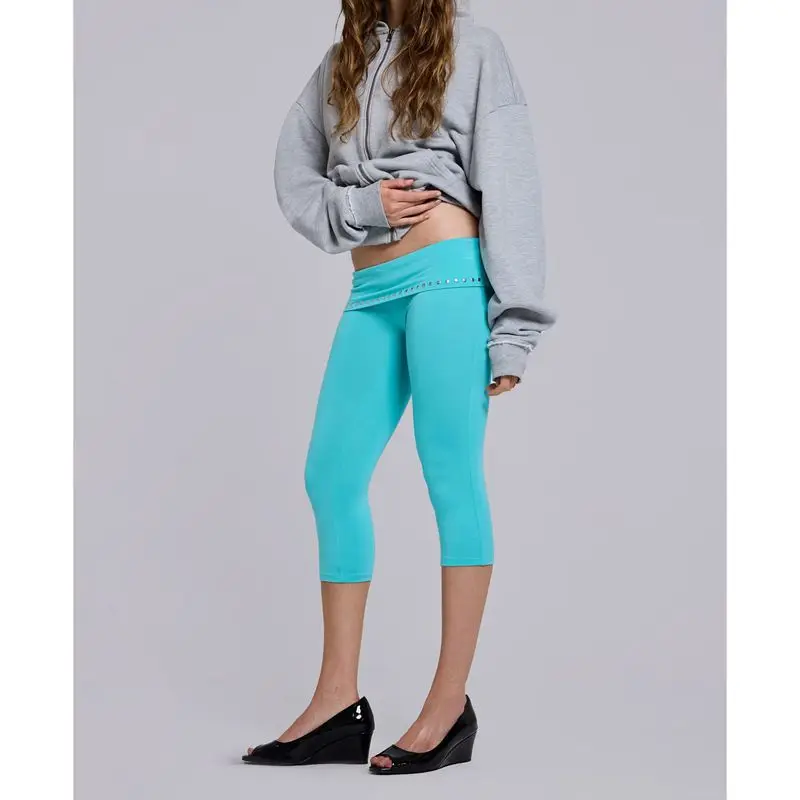 Women's Studded Fold Over Waist Capri Leggings, Stretchy Slim Fit Y2K Casual Daily Loungewear Streetwear Going Out Cropped Pants
