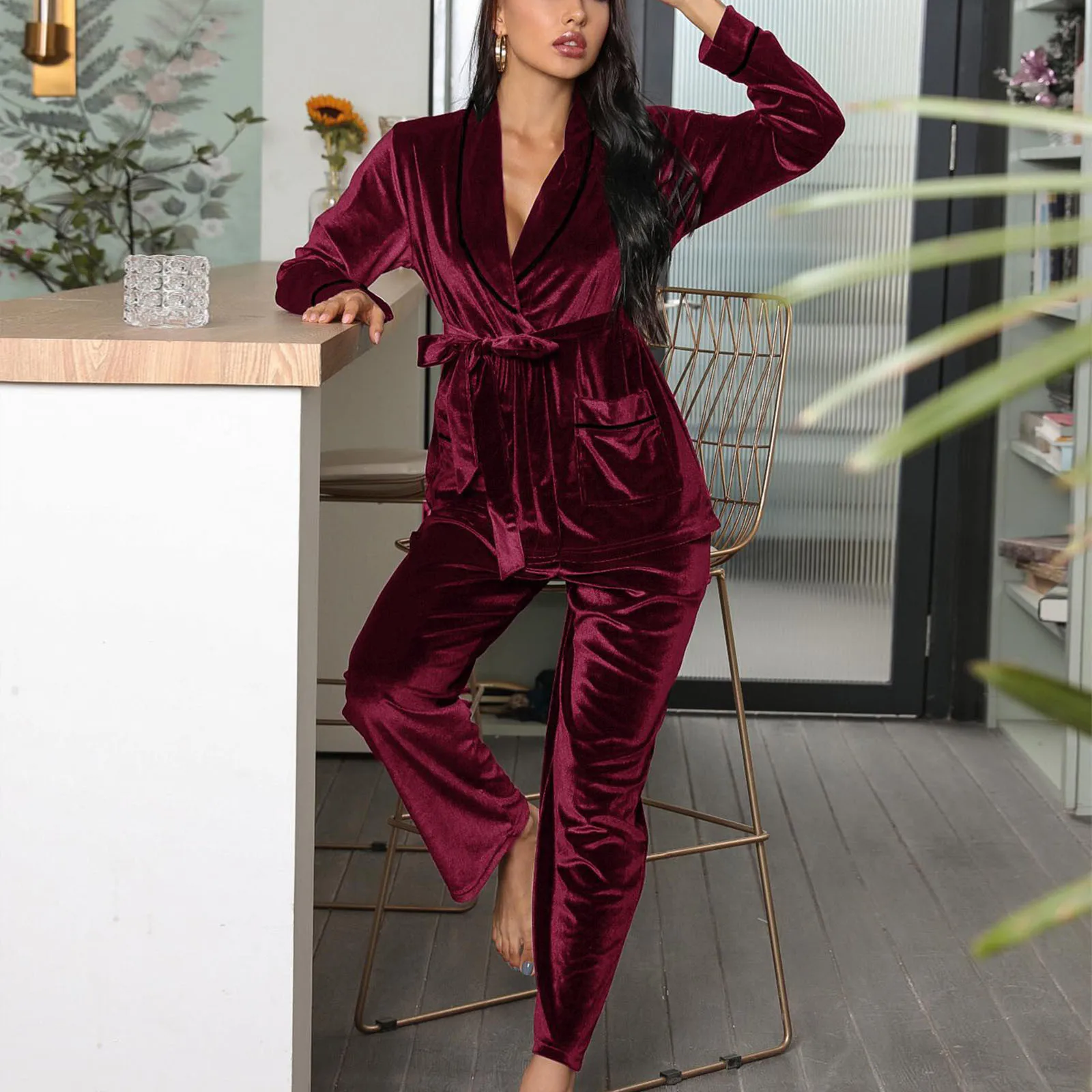 

Winter Red Wine Women’S Pajama Set 2 Piece Fleece Bathrobe Loungewear Belt Sleepwear Sleeping Nightwear Set Night Suit Home Wear