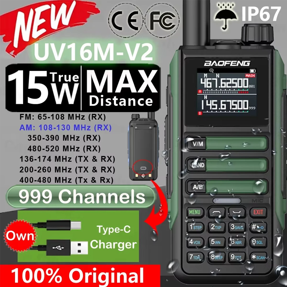 

Upgrade Baofeng UV16M V2 15W Full Band Walkie Talkie Long Range VHF UHF AM FM Cross Band Communication DTMF Ham Two Way Radio