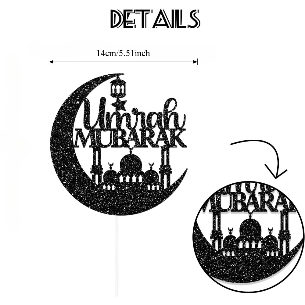 1 Stück Umrah Mubarak Tortenaufsatz, Ramadan Kareem & Eid Kuchendekoration, islamisches muslimisches Festival, Hochzeit, Party-Dekoration, Zubehör (schwarz). – Detail 5