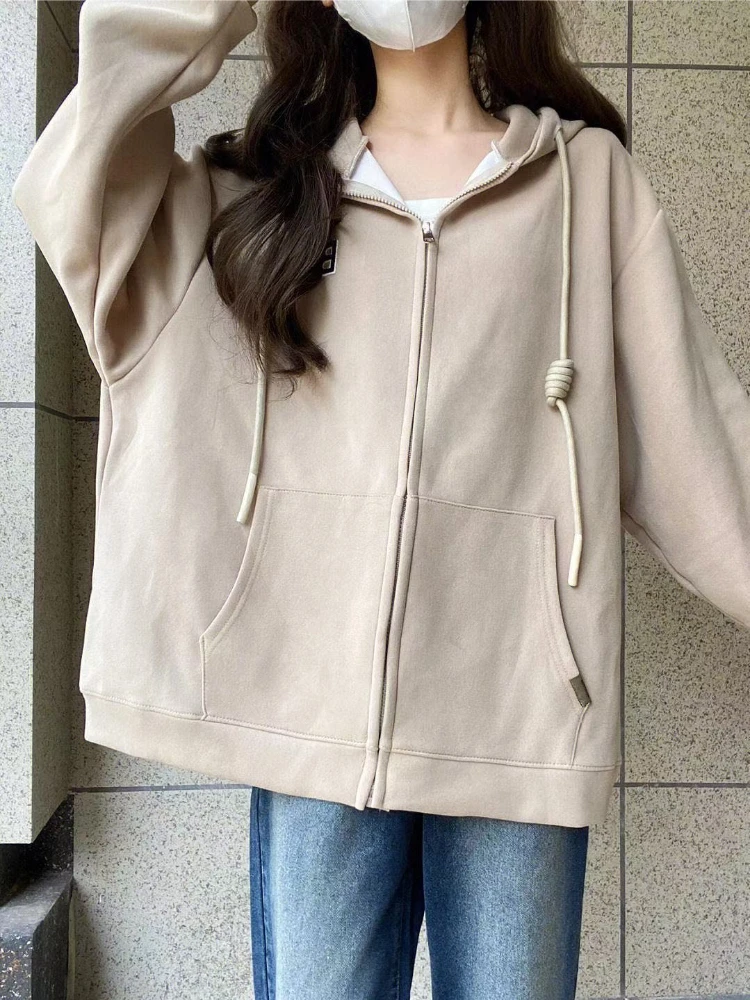 Women's Flattering Milk Tea Color Zip Up Sweatshirt Thick Fleece Loose Fit Viral Ins Hooded Jacket