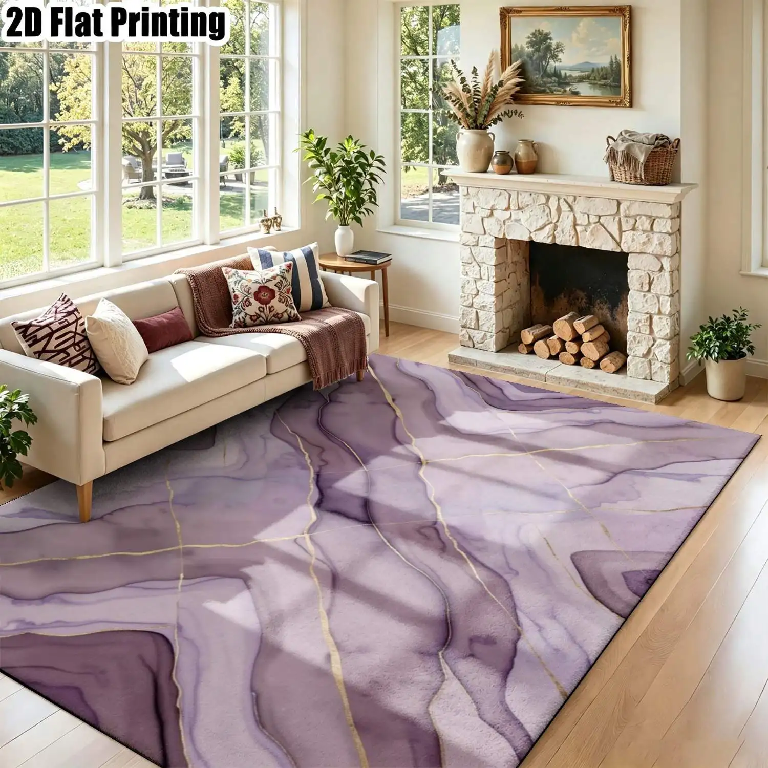 1Pc 2D Printed Purple-Grey Abstract Art Nordic/Instagram Style Carpets, Modern Minimalist Geometric Striped Floor Mats, Machine Washable, Multi-Size, Suitable for Home Decor, Entrance, Dining Room, Foyer, Bedroom, Living Room