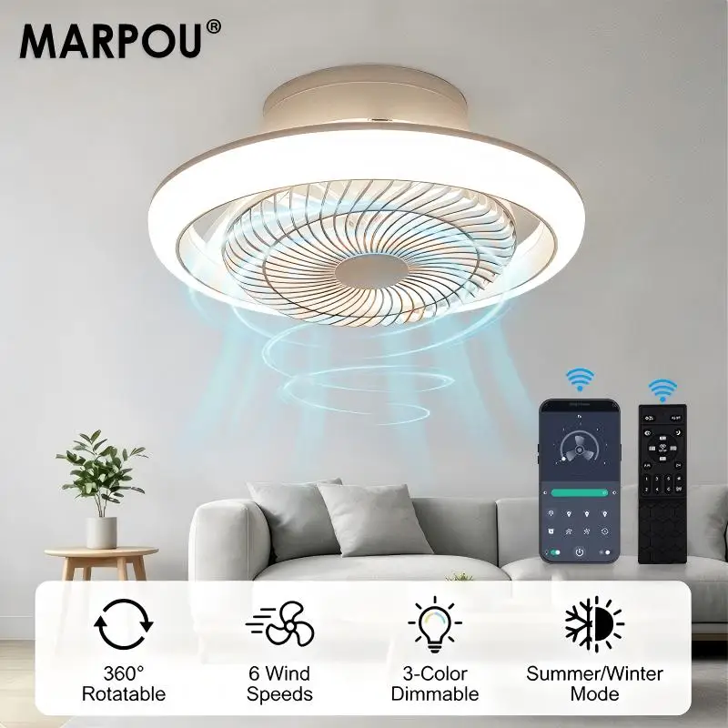 MARPOU 360° Rotating Ceiling Fan with Lights APP Remote Control Dimming Modern Fan Lamp 6 Wind Speeds Reversible Airflow Indoor