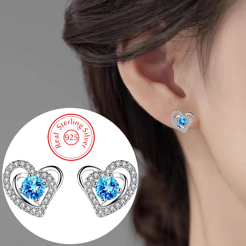 

Real 925 Sterling Silver Woman's Fashion Jewerly Crystal Zircon Heart Stud Earrings New XY0551