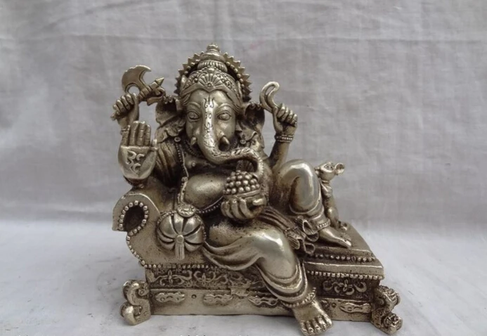 

song voge gem Tibet Silver 4 Hand Sleep Ganapati Ganesh Lord Ganesha Mouse Buddha Brass Statue