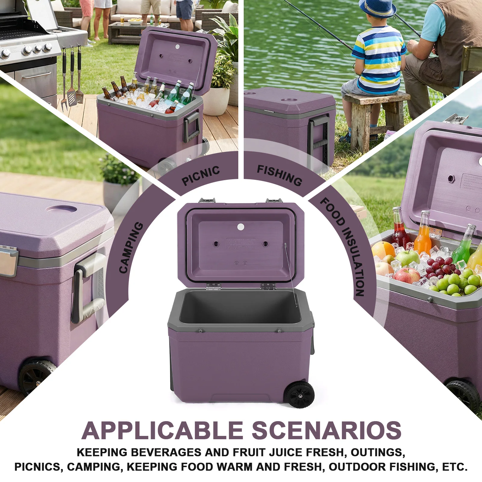 

45L PU Portable Rolling Cooler with Pull Rod & Wheels Ice Cube & Fresh Food Storage Case Anti-Slip Great for Boating & Fishing